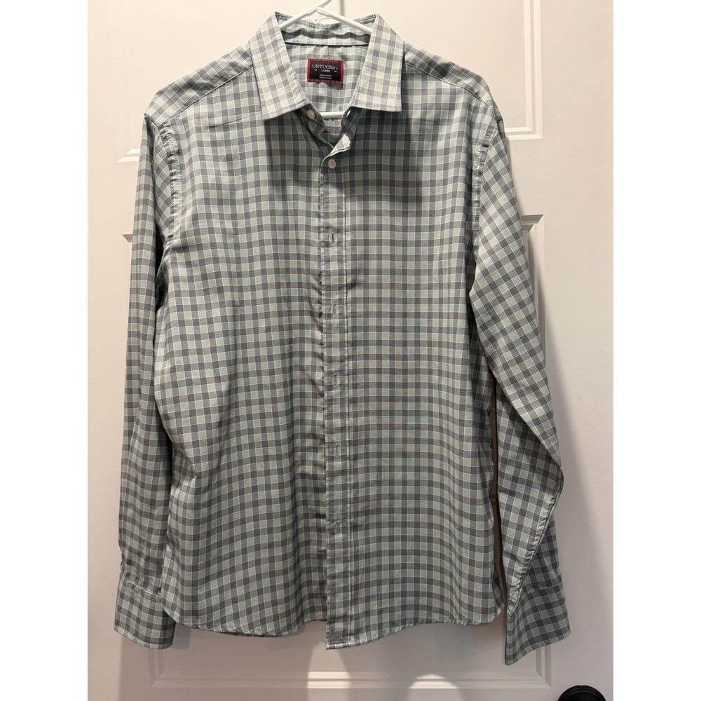 UNTUCKit Mens Large Green Gray Plaid Button Down Shirt 100% Polyester Untucked